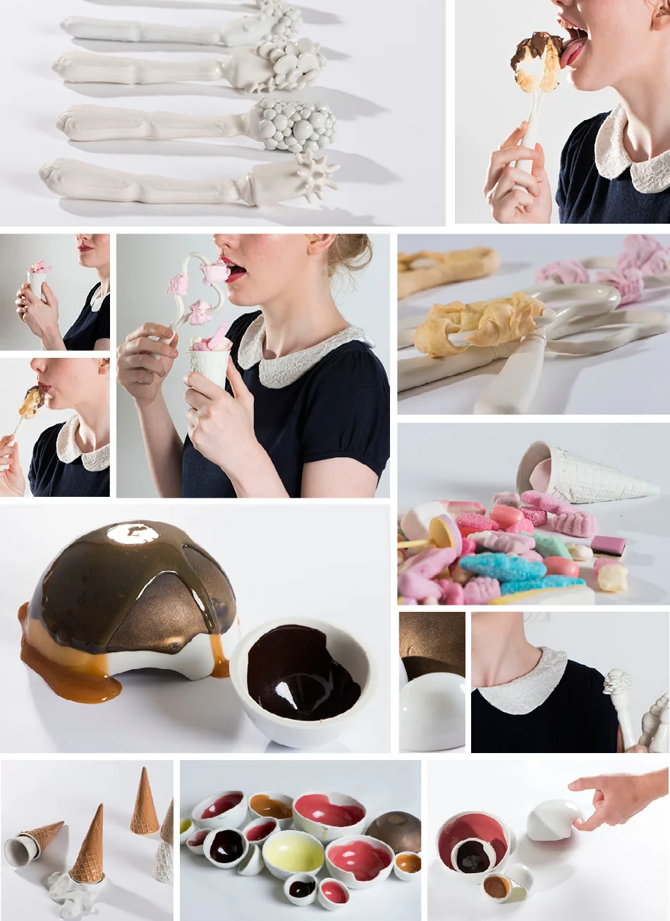 Planche du projet : outils, glaces, bonbons et bols en céramique, mises en scène gourmandes