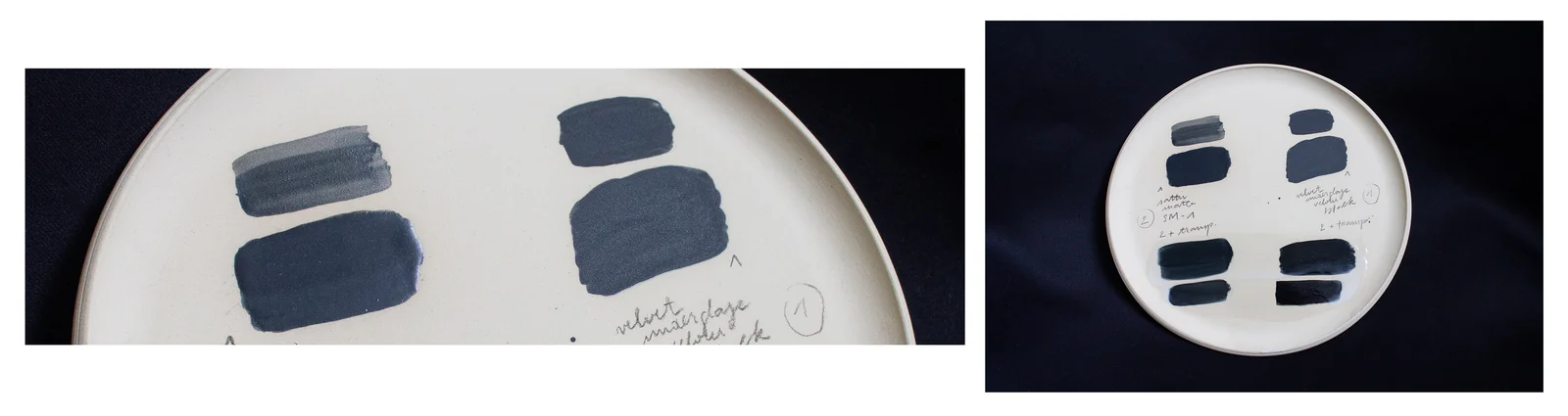 Recherches d’émaux couleur d’encre sur des assiettes